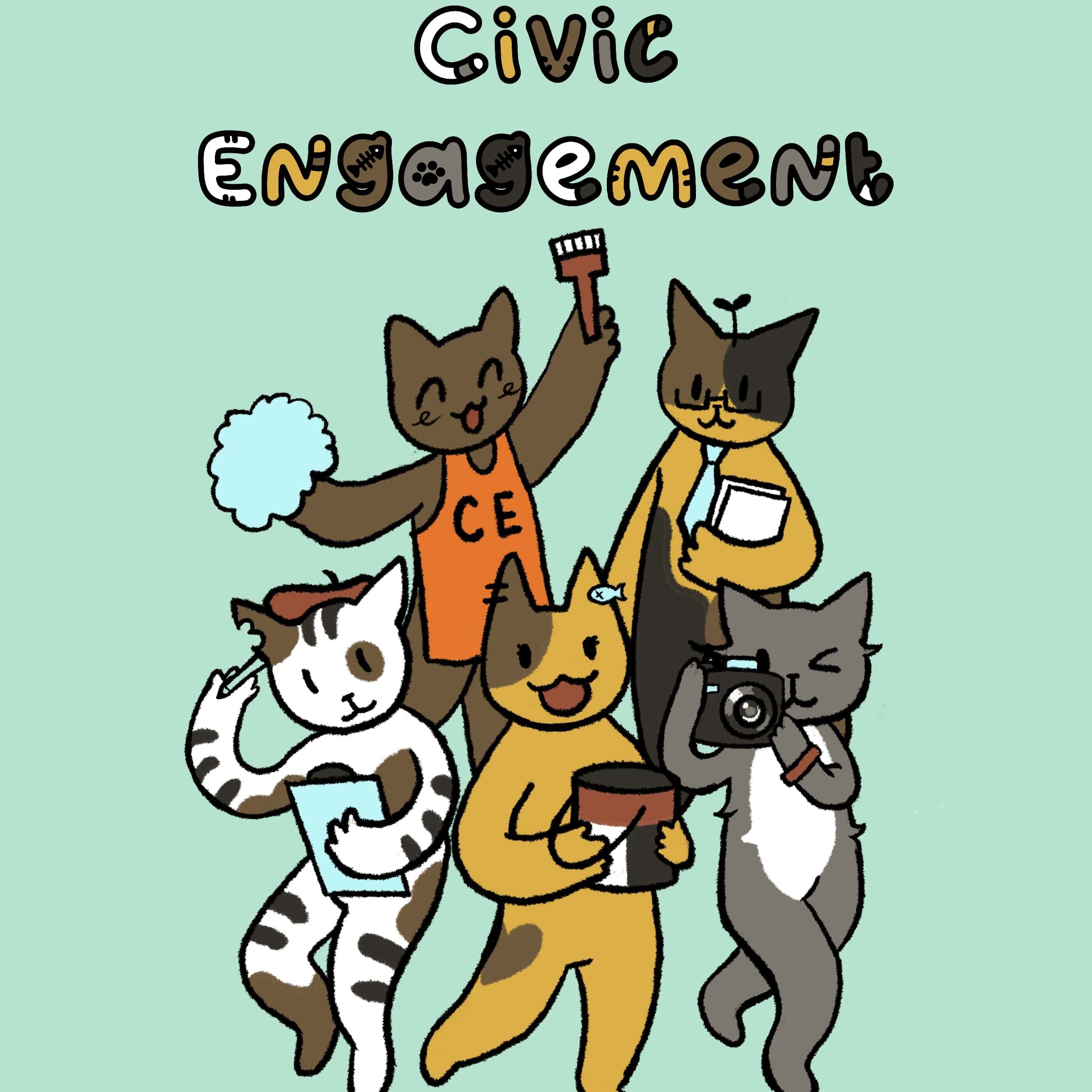 Cartoon graphic of five kittens with the words Civic Engagement